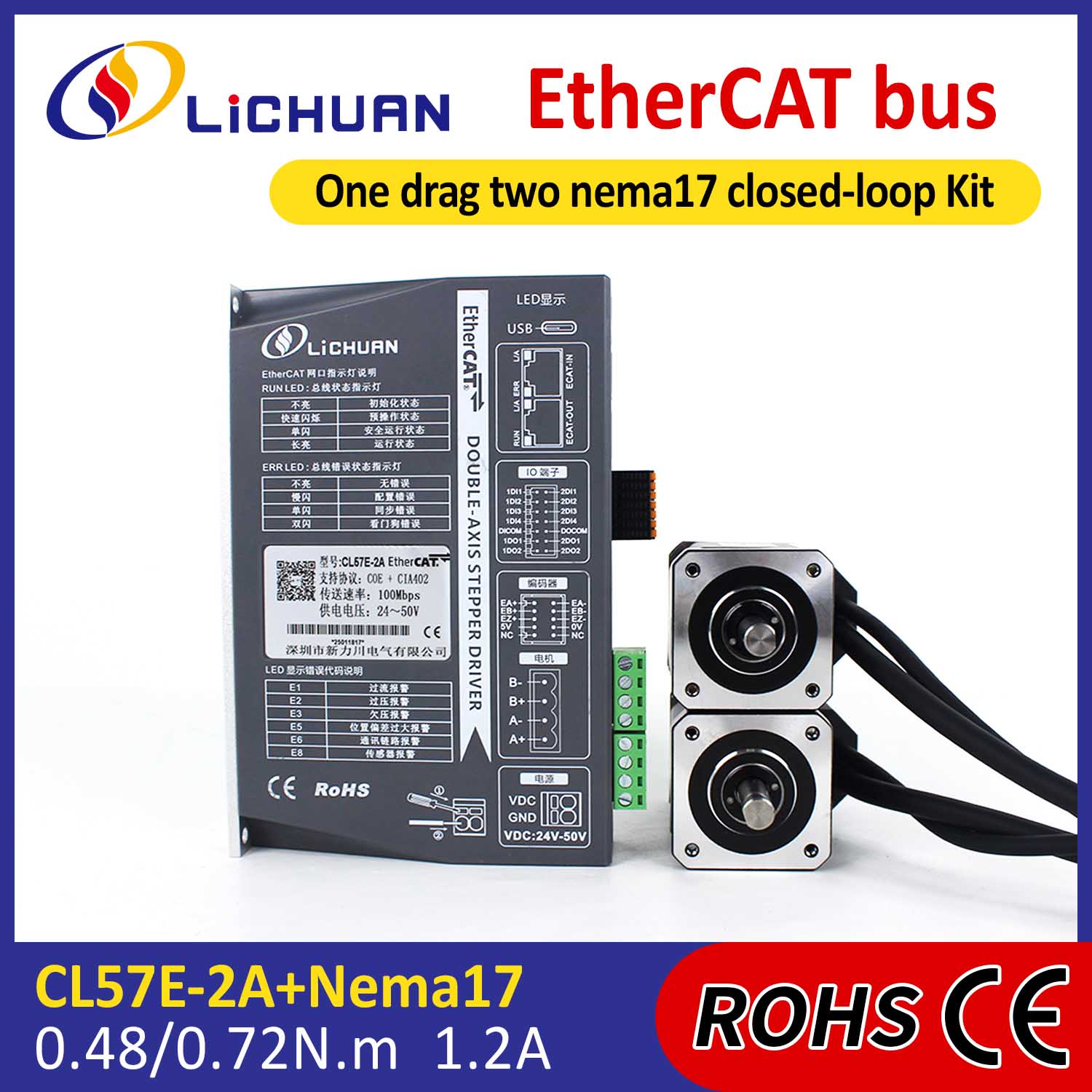 EtherCAT 2Phase Nema17 2-Axis DC बन्द लूप स्टेपर मोटर ड्राइभर किट