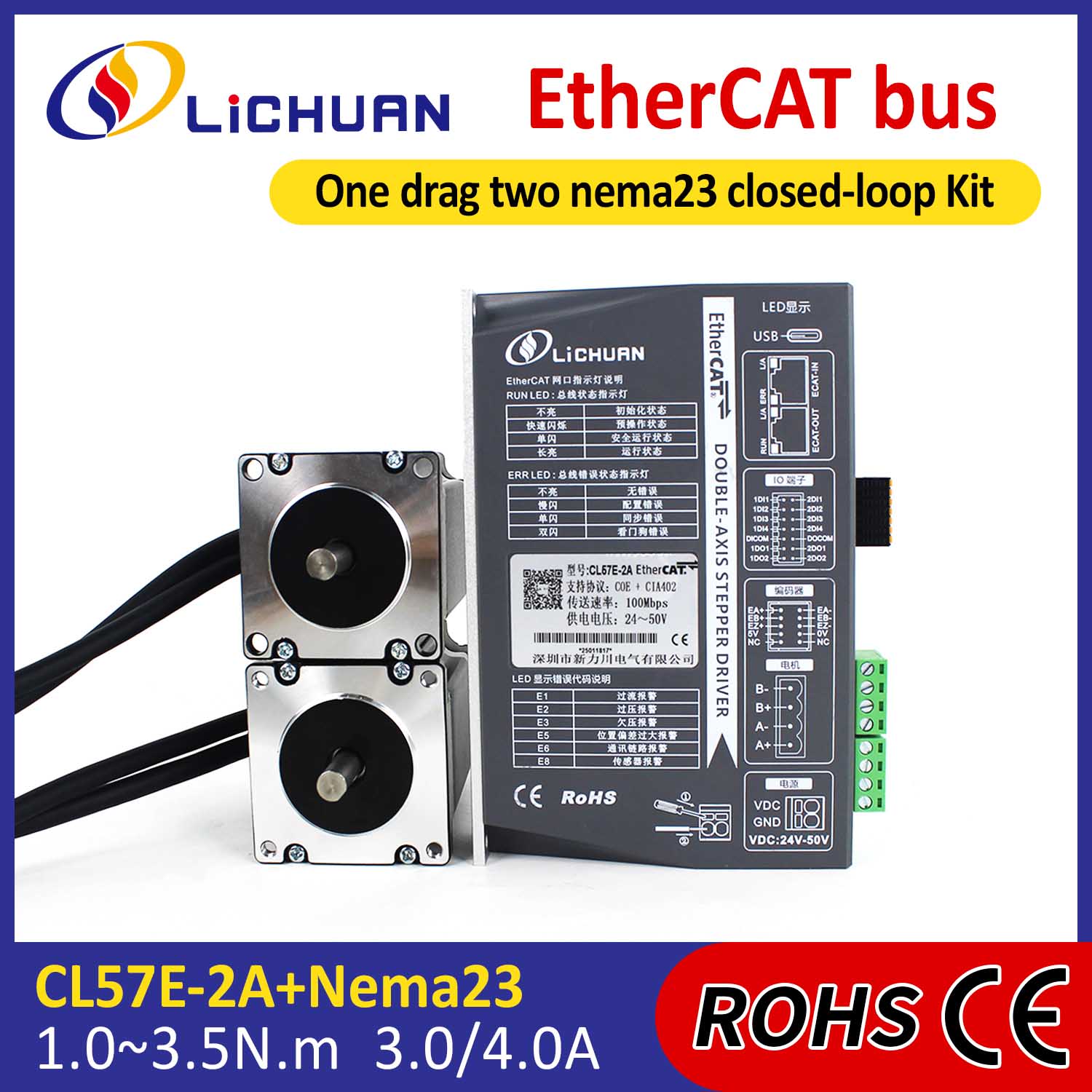 EtherCAT 2Phase Nema23 2-Axis DC बन्द लूप स्टेपर मोटर ड्राइभर किट