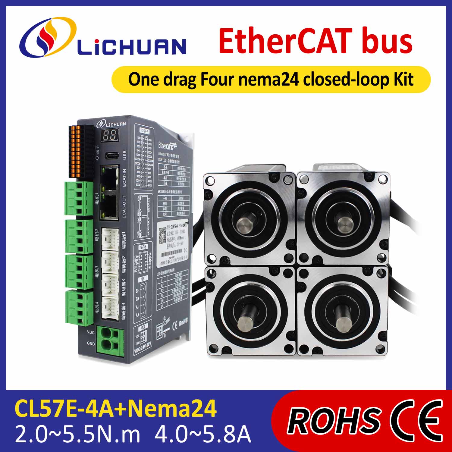 EtherCAT 2Phase Nema24 4-Axis DC बन्द लूप स्टेपर मोटर ड्राइभर किट