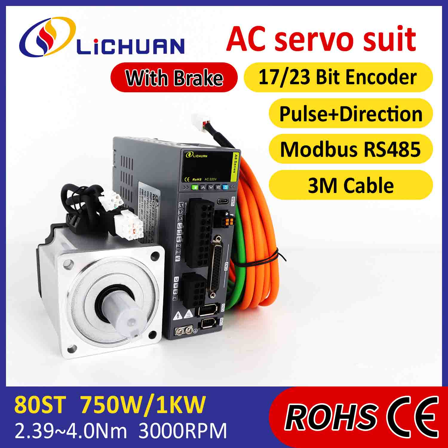 Lichuan AC सर्वो मोटर ड्राइभर किट A8 उच्च सटीकता STO ABZ 1001W 1KW 4.0N.m 220V 4.6A 2500/3000RPM IP65