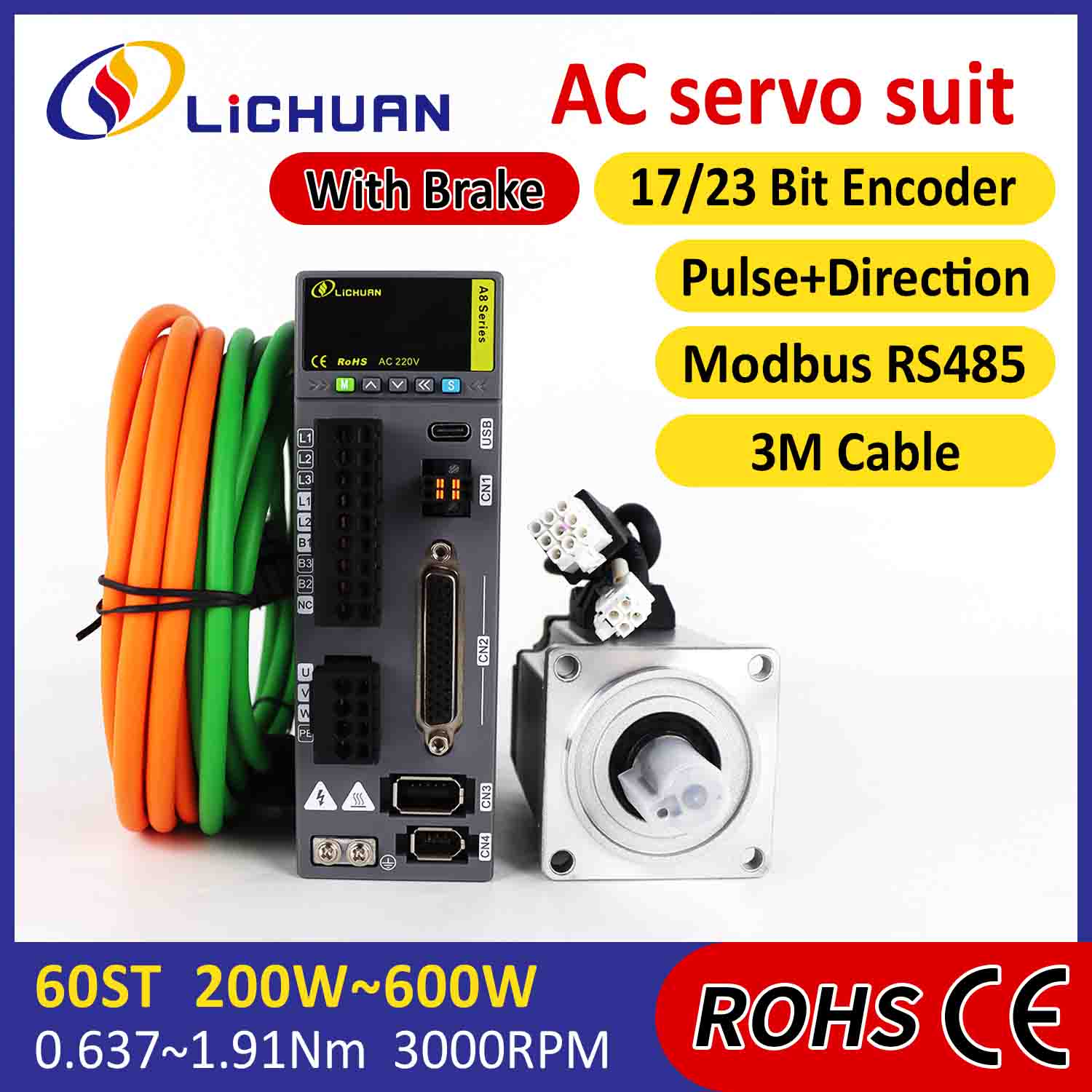 Lichuan AC सर्वो मोटर ड्राइभर किट A8 उच्च सटीकता STO ABZ 200W 0.637N.m 220V 1.6A 3000RPM IP65