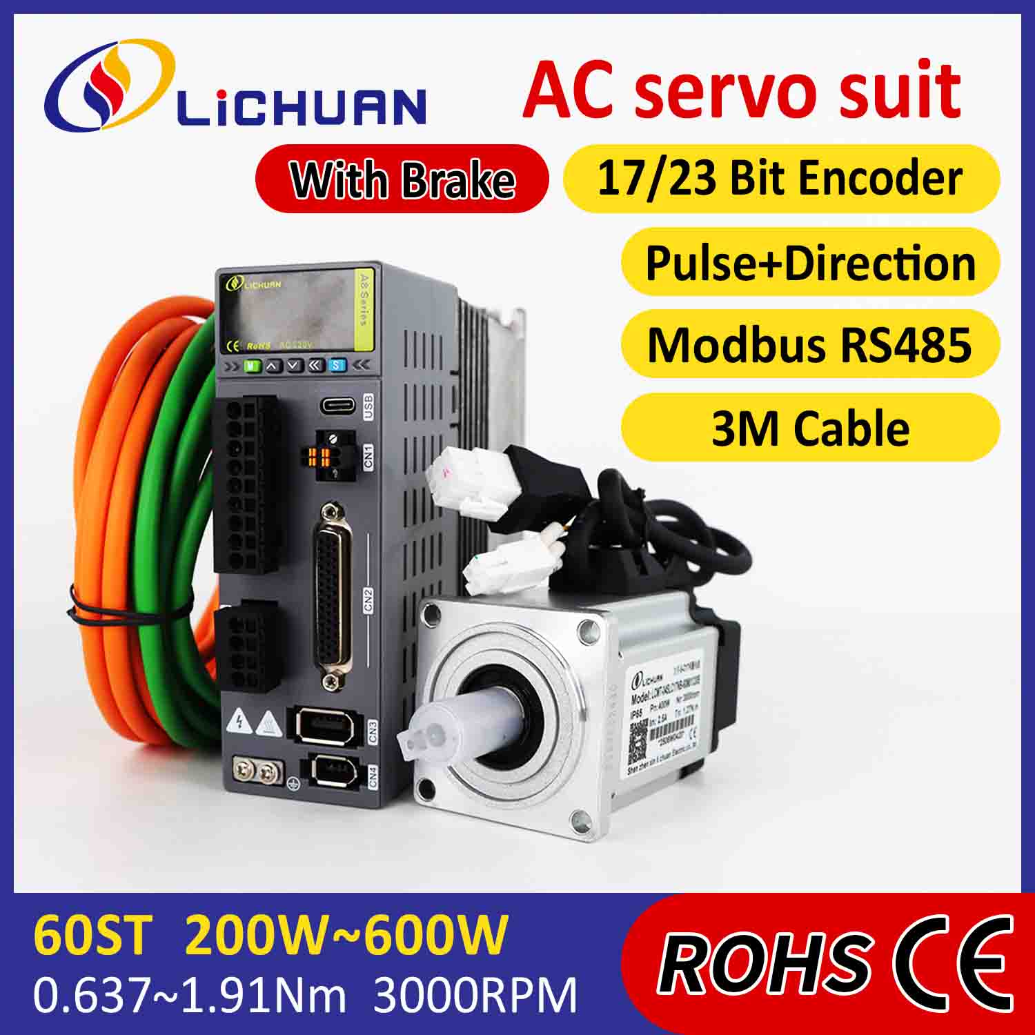 Lichuan AC सर्वो मोटर ड्राइभर किट A8 उच्च सटीकता STO ABZ 400W 1.27N.m 220V 2.5A 3000RPM IP65