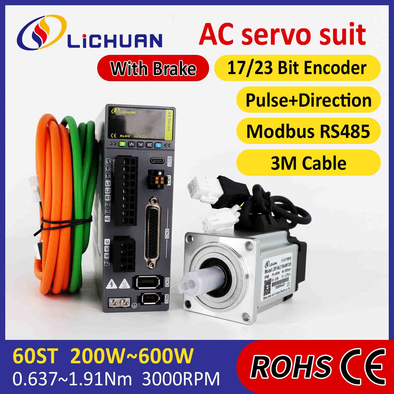 Lichuan AC सर्वो मोटर ड्राइभर किट A8 उच्च सटीकता STO ABZ 600W 1.91N.m 220V 3.3A 3000RPM IP65