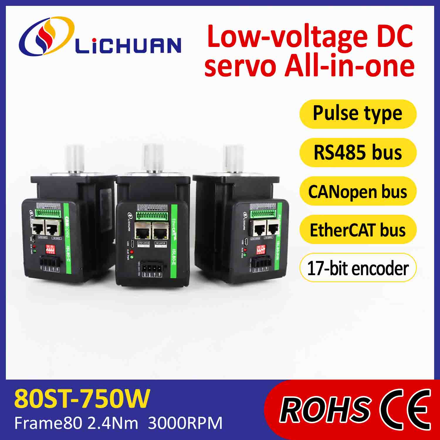 Lichuan एकीकृत सर्वो मोटर्स चालक L आकारको 750W 2.4N.m DC48V 20A 3000RPM IP65